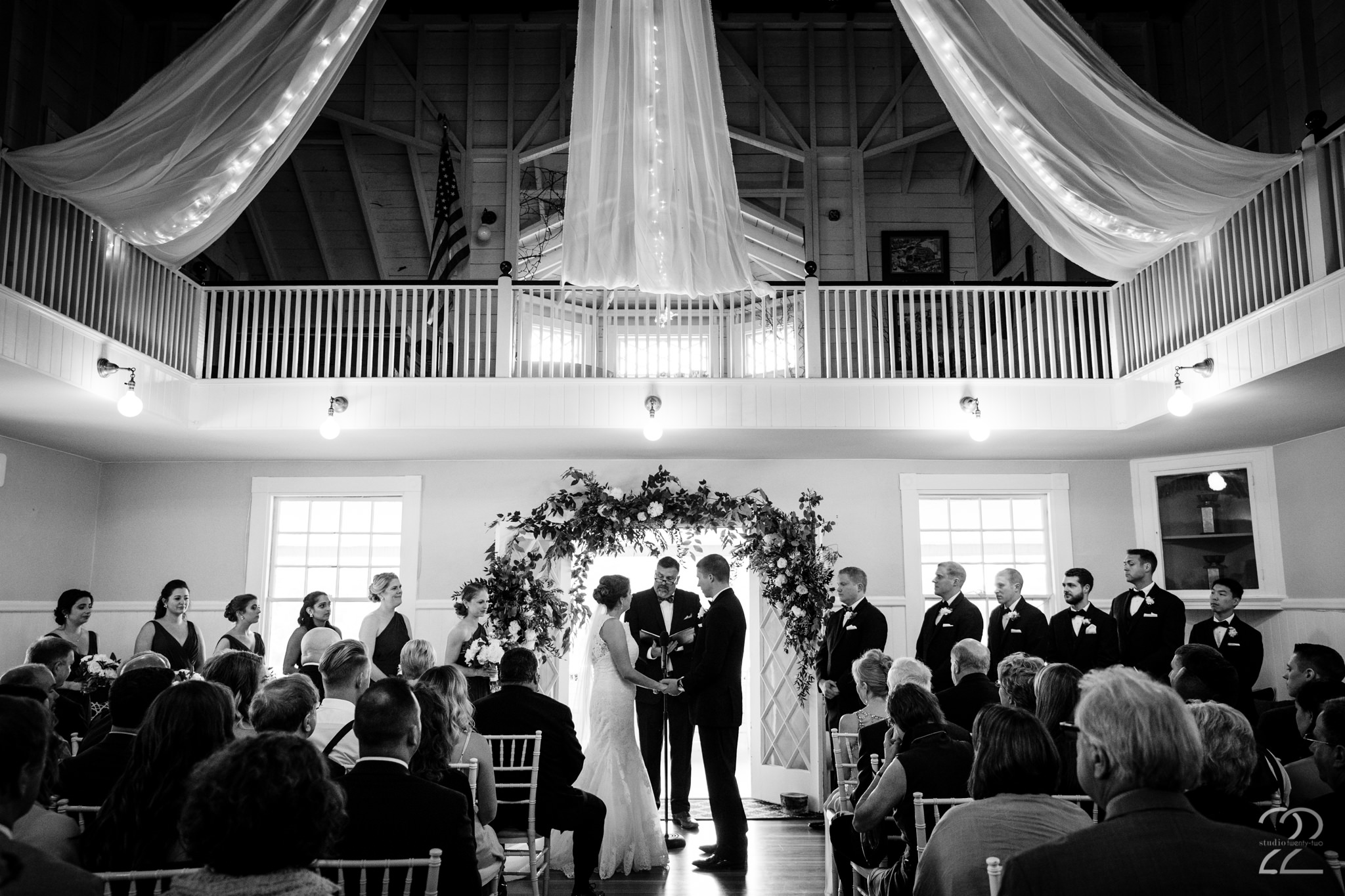  When weather derails outdoor plans it can be stressful. Thankfully the wedding planner and York Golf & Tennis Club had things under control and created a beautiful indoor ceremony for Andrea and Patrick. 